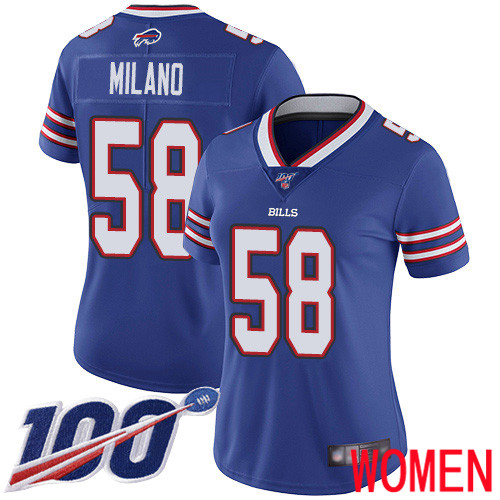 Women Buffalo Bills 58 Matt Milano Royal Blue Team Color Vapor Untouchable Limited Player 100th Season NFL Jersey